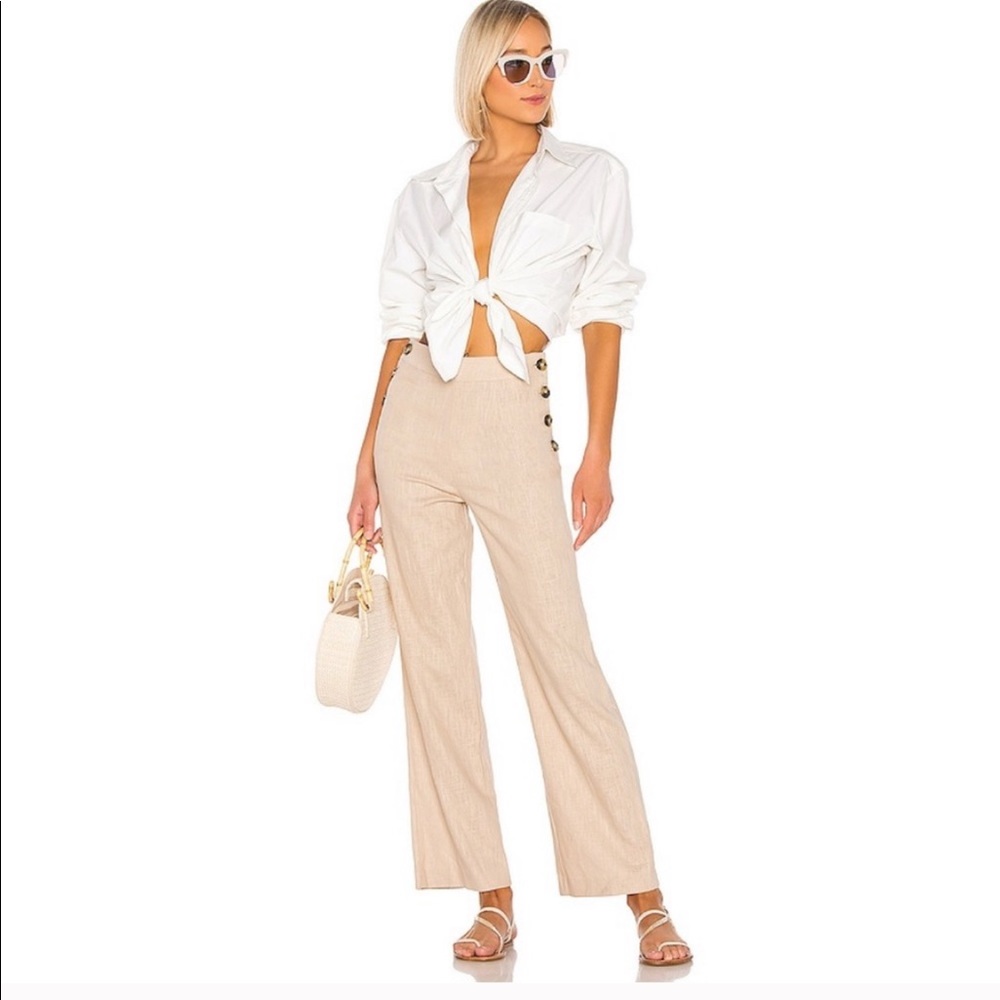 LPA Beige High Waisted Wide Leg Side Button Linen trouser pants